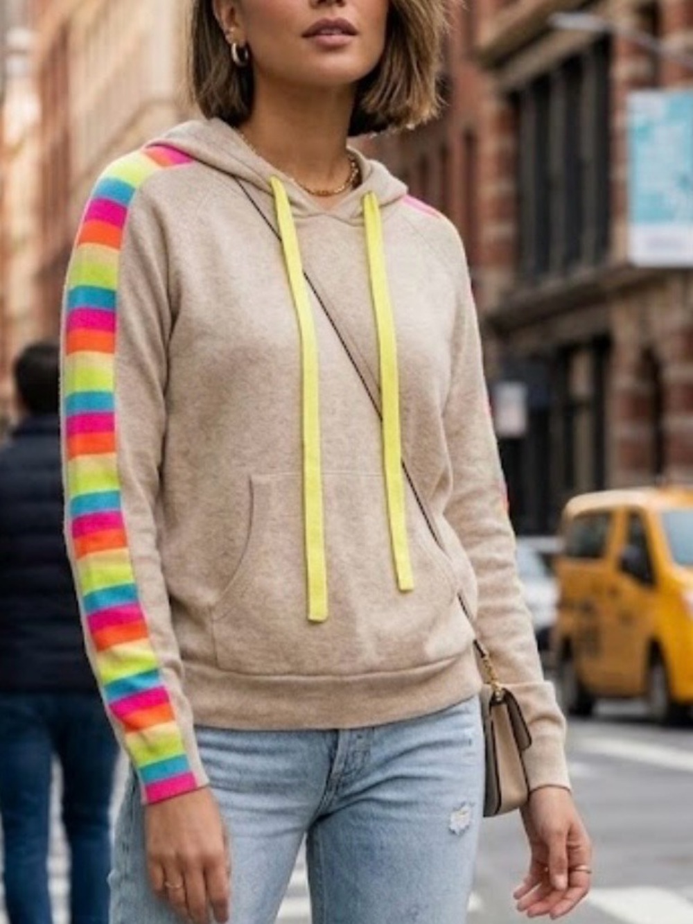 Fate rainbow stripe sleeve hoodie pullover kangaroo pocket oatmeal medium